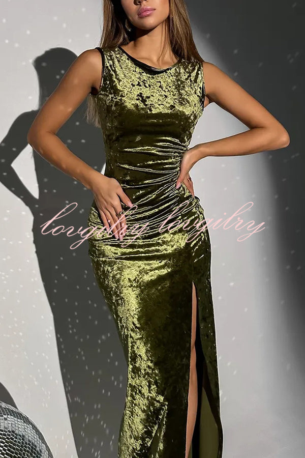 Solid Color Velvet Round Neck Sleeveless Slim Slit Maxi Dress