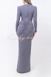 Solid Color Shiny Sexy V-neck Long Sleeve Ribbon Slit Slim Fit Maxi Dress