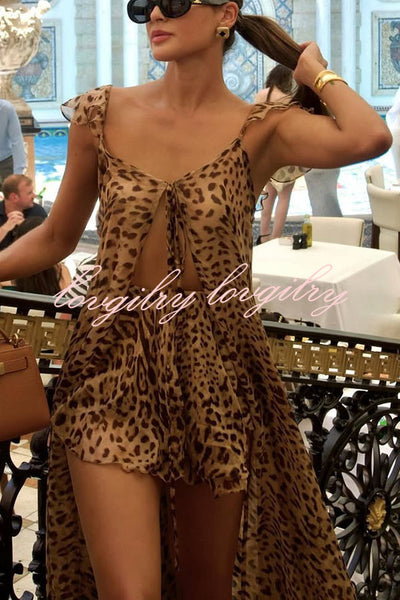 Immerse Vacation Leopard Tie-up Slit Midi Top and Elastic Waist Shorts Set