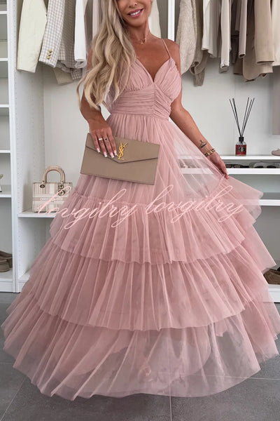 Romantic Movie Tulle Ruched Tiered Hem Slip Maxi Dress