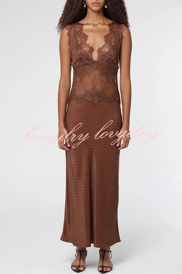 Wonderful Fusion Satin Lace Trim Poka Dot V-neck Drape Maxi Dress