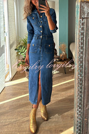 Tessy Denim Metal Button Zipper Shirt Stretch Pencil Slit Midi Dress