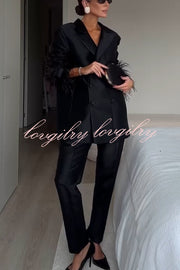 Chic Affair Satin Feather Trim Lapel Loose Blazer and High Rise Pocket Tapered Pants Set