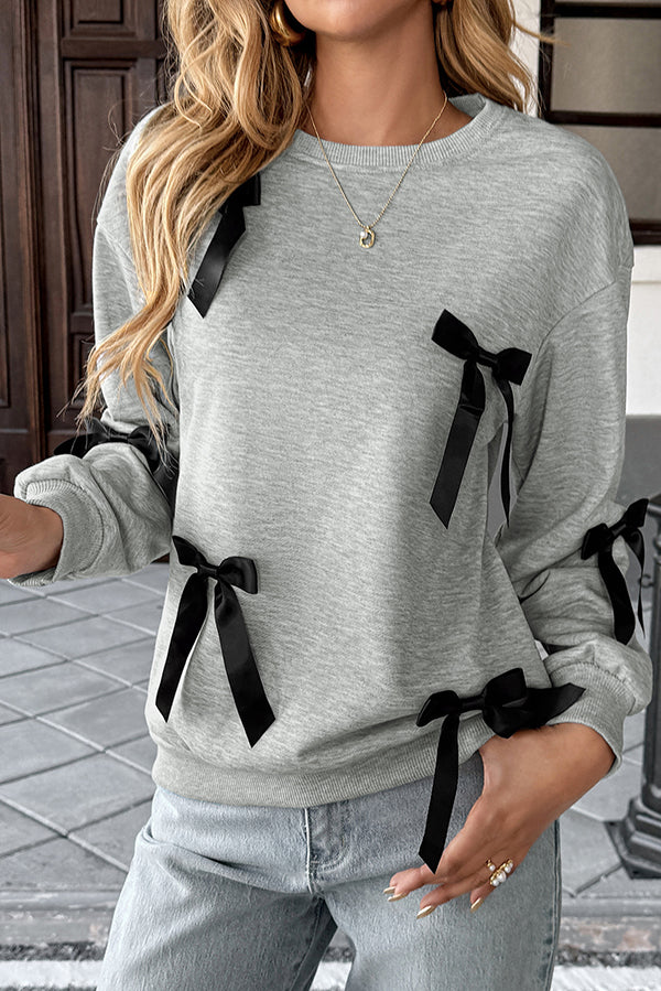 Fashionable Ribbon Bow Decorated Round Neck Loose Sweatshirt