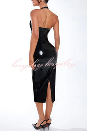 Fantasy Silhouette Shiny Faux Leather Halter Neck Stretch Midi Dress