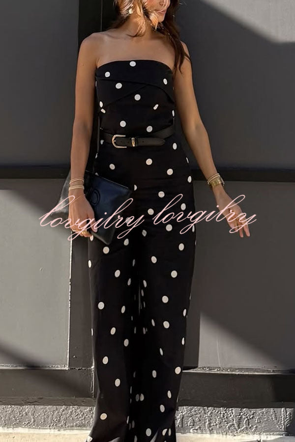 Stella Linen Blend Polka Dot Draped Bust Back Smocked Strapless Loose Jumpsuit