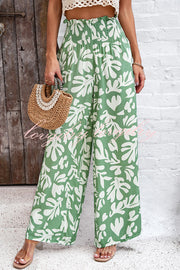 Uniquely Printed Ruffled Elastic Waist Pocket Pleated Wide Leg Pants