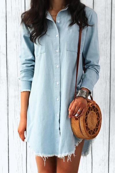 Frayed Denim Buttons Shirt Dress