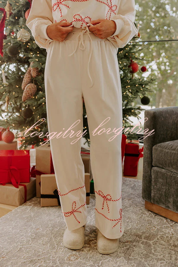 Candy Cane Cutie Loose Bow Tie Long-Sleeved Sweatshirt and Elastic Waist Pocket Pants Set