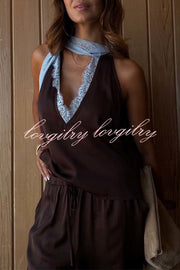 Sunday Social Contrast Color Satin Lace Trim Neck Strap Loose Tank