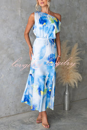 Satin Unique Print One Shoulder Tie Waist Slit Maxi Dress