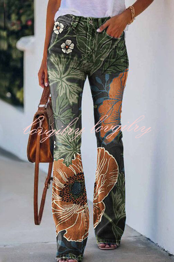 On A Drive Printed Faux Denim High Rise Flare Pants