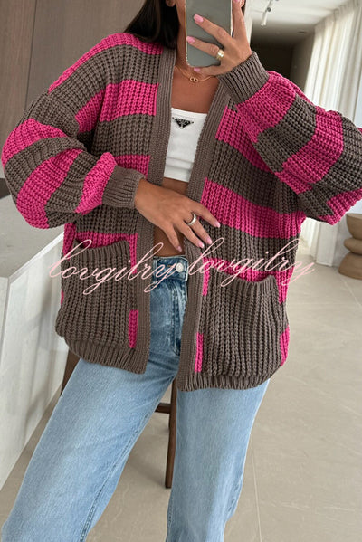 Fashionable Patchwork Striped Casual Pocket Knitted Sweater