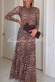 Revina Mesh Leopard Print Mock Neck Gathered Waist Long Sleeve Stretch Midi Dress
