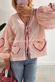 Lovely Plaid Heart Pattern Casual Lace-up Pocket Loose Shirt