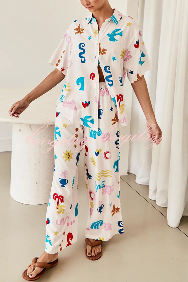 Summer Beach Element Printed Button Lace Up Pocket Pants Suit