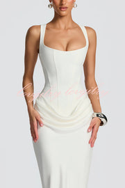 Larrah Square Neck Back Lace-up Satin Drape Hem Maxi Dress