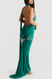 Sexy Backless Pleated Slim Solid Color Sleeveless Elegant Maxi Dress