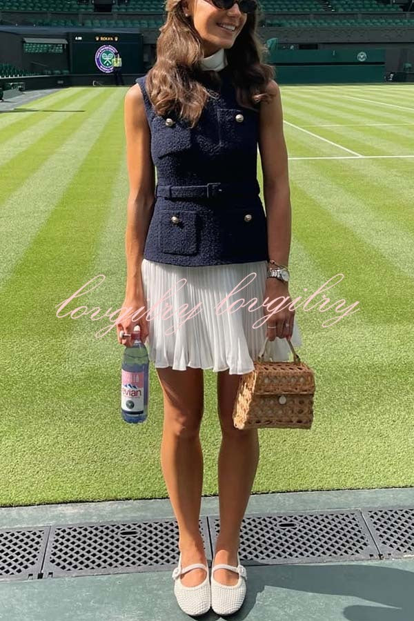 Sporty Elegance Tweed Metal Button Belted Pleated Hem Mini Dress