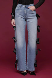 Runway Muse Denim High Rise Bow Trim Pocketed Wide Leg Jeans