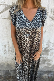 Leopard Print V-neck Backless Lace-up Loose Pocket Wide-leg Jumpsuit