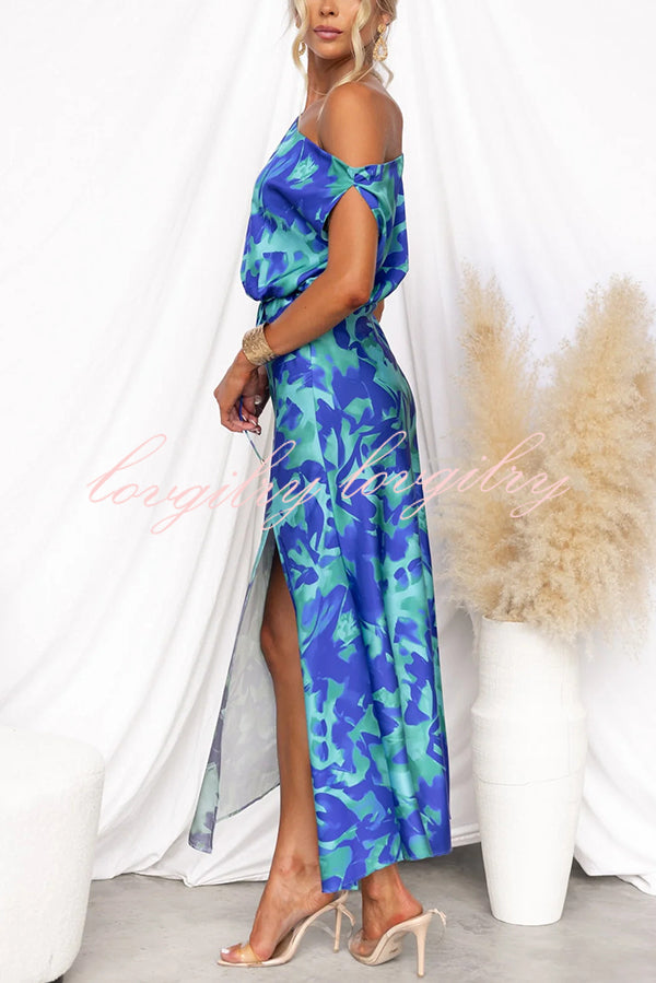 Satin Unique Print One Shoulder Tie Waist Slit Maxi Dress