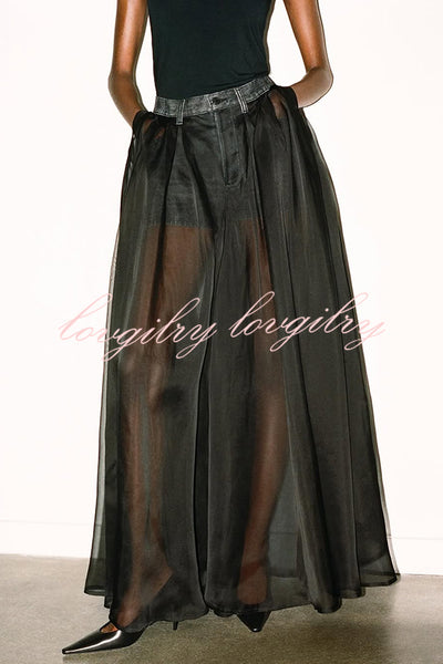 Avant-garde Fashion Denim Flowing Organza Patchwork Pocketed Wide Leg Jeans