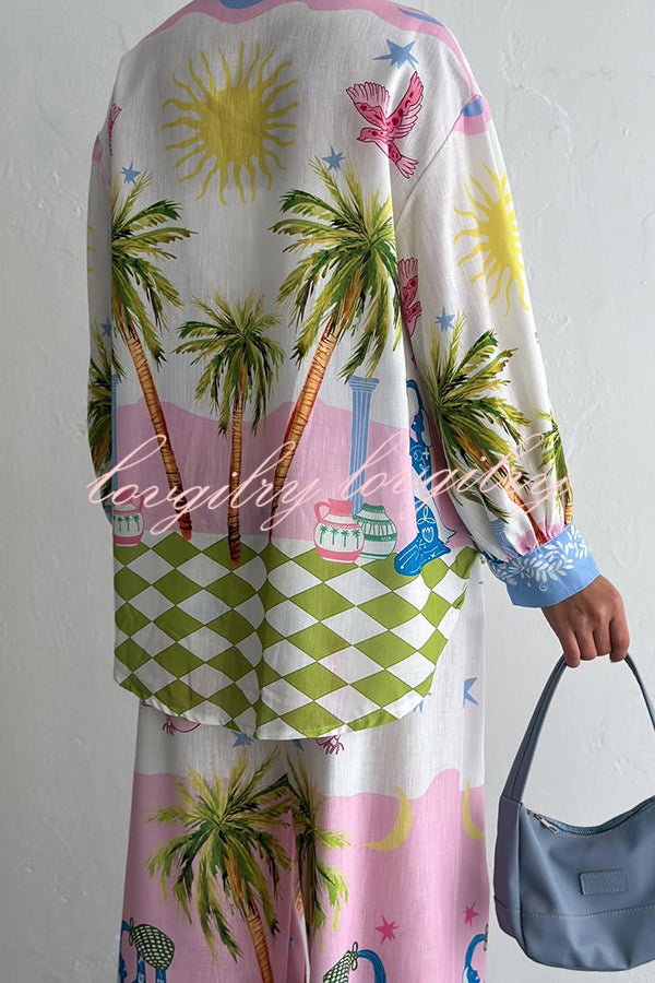 Holiday Style Print Loose Long Sleeve Shirt and Elastic Waist Loose Pocket Wide Leg Pants Set