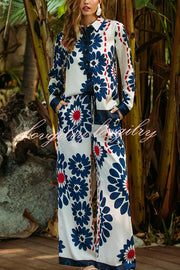 Unique Printed Lapel Long-sleeved Loose Shirt and Casual Pocket Wide-leg Pants Set
