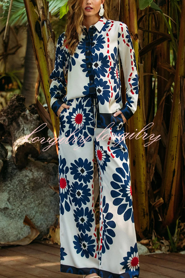 Unique Printed Lapel Long-sleeved Loose Shirt and Casual Pocket Wide-leg Pants Set