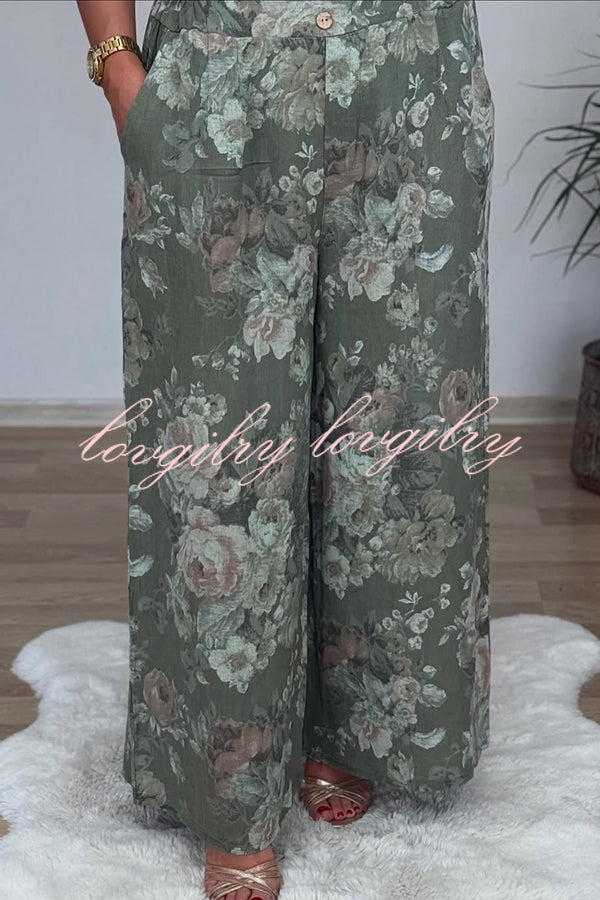 Linen Blend Crew Neck Long Sleeve Irregular Loose Top and Elastic Waist Floral Print Casual Pocket Set