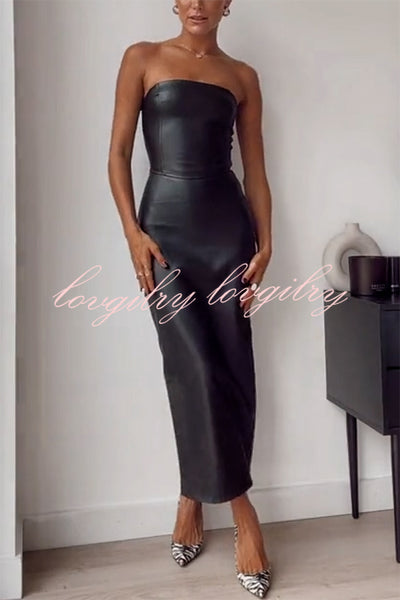 Graceful Curves Faux Leather Strapless Slit Stretch Maxi Dress