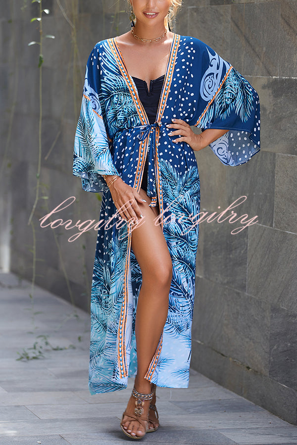 Unique Print Loose Lace Up Holiday Maxi Cover Up