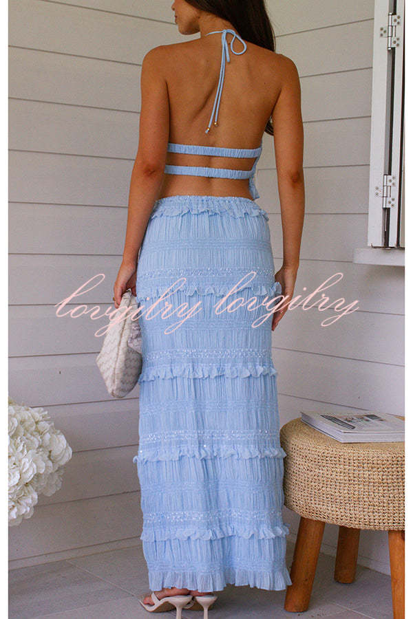 Feel Chic and Romantic Sequin Textured Material Back Elastic Halter Tie Tank and Drawstring Waist Tiered Maxi Skirt Set