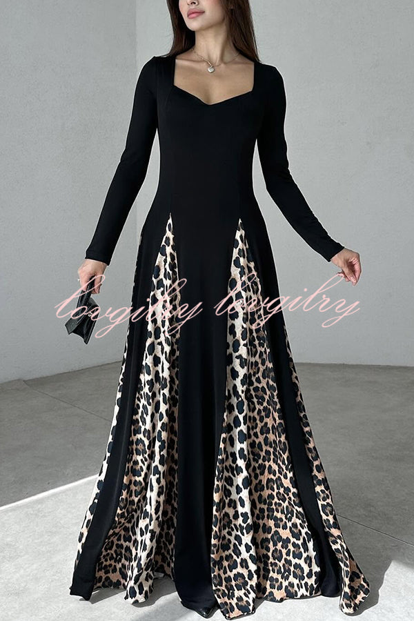 Marino Panelled Leopard Tulle Square Neck Long Sleeve A-line Maxi Dress