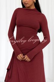 Venus Long Sleeve Ruched Side Slit Drape Ruffles Back Lace-up Stretch Maxi Dress