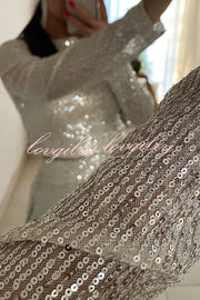 Fashionable Shiny Sequined Long-Sleeved Cropped Top and Casual Wide-Leg Pants Set