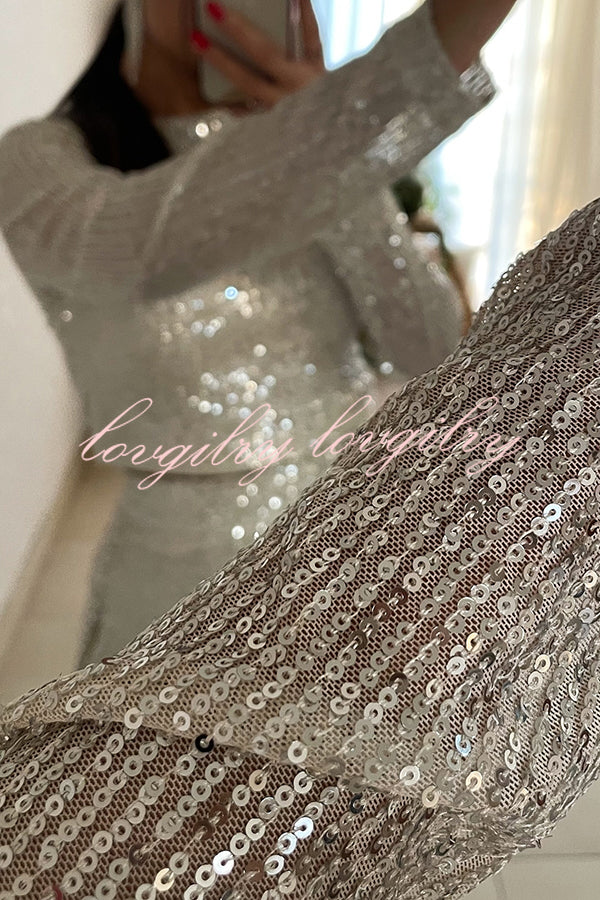 Fashionable Shiny Sequined Long-Sleeved Cropped Top and Casual Wide-Leg Pants Set