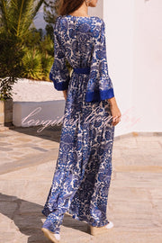 Greek Island Satin Unique Floral Print Tassel Belted Wrap Maxi Dress