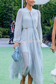 Elegant and Graceful Tie-up Neck Long Balloon Sleeve Handkerchief Midi Dress