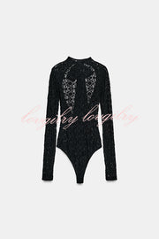 Anna Semi-sheer Lace Long Sleeve Back Bow Tie-up Cutout Stretch Bodysuit