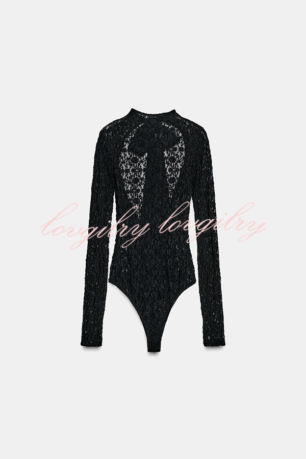 Anna Semi-sheer Lace Long Sleeve Back Bow Tie-up Cutout Stretch Bodysuit