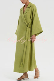 Linen Blend Solid Color Casual Lapel Tie Loose Maxi Dress