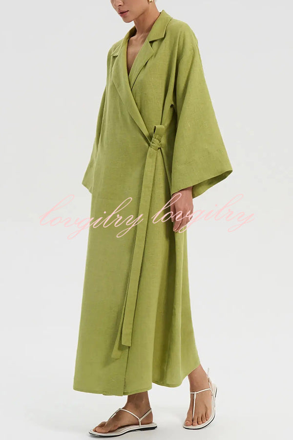 Linen Blend Solid Color Casual Lapel Tie Loose Maxi Dress