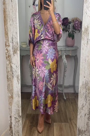 Satin Floral Print V-neck Half-sleeve Loose Top and Elegant Maxi Skirt Set