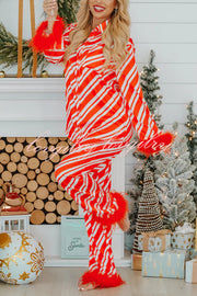 Christmas Party Striped Print Pocket Feather Elastic Waist Pajama Set