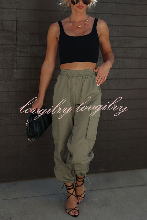 Let’s Rewind Nylon Elastic Waist Pocketed Cargo Pants