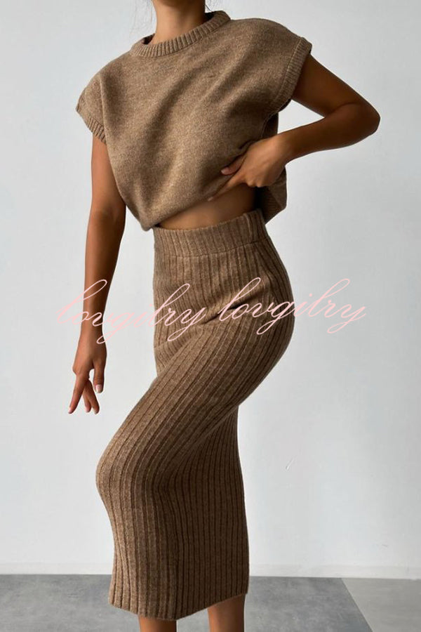 Triko Knit Short Sleeve Sweater and Stretch Ribbed Midi Skirt Set