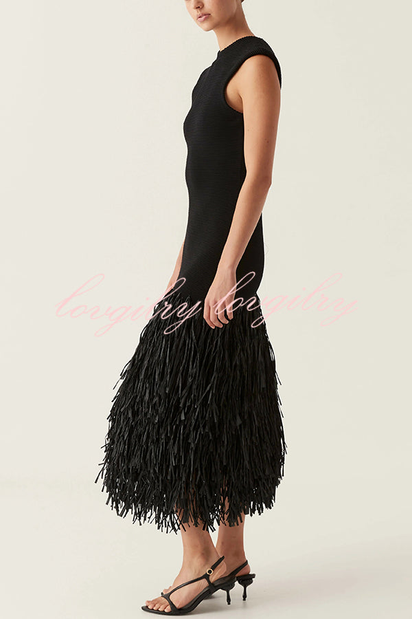 Christie Ribbed Patchwork Tiered Fringed Hem Zipper Backless Maxi Dress