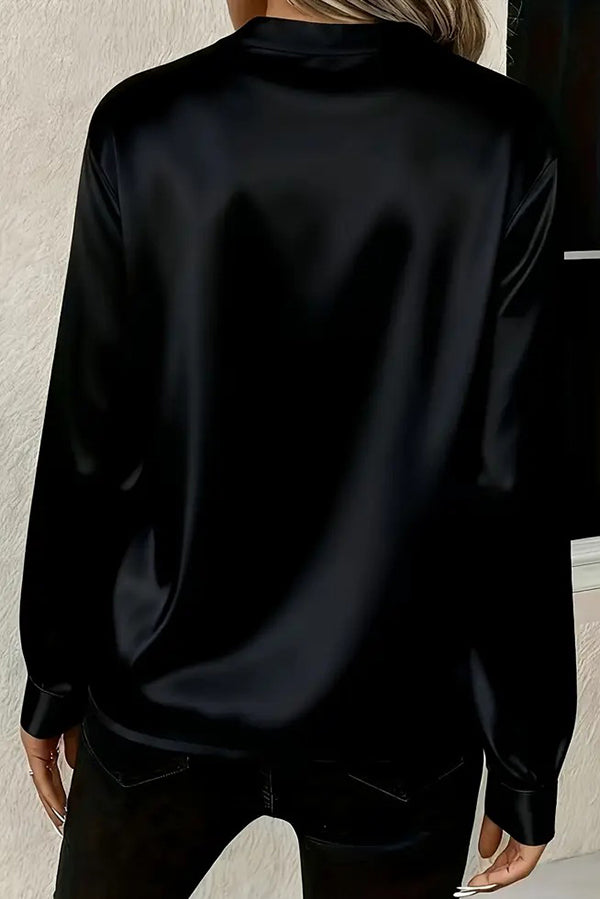 Solid Color Satin Loose V-neck Long-sleeved Casual Shirt